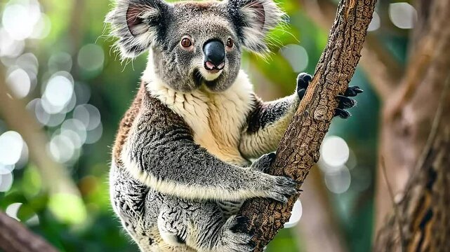 A cute koala bear perched on a tree branch with its furry ears and large eyes.
