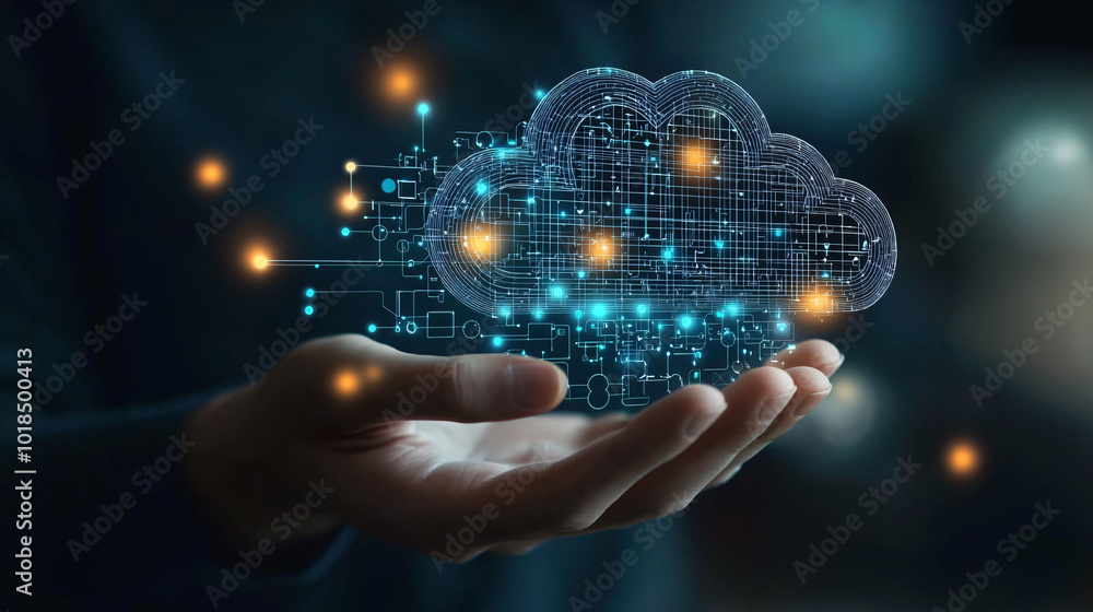 Poster person holding digital cloud symbolizing cloud computing and technology. cloud is surrounded by glow