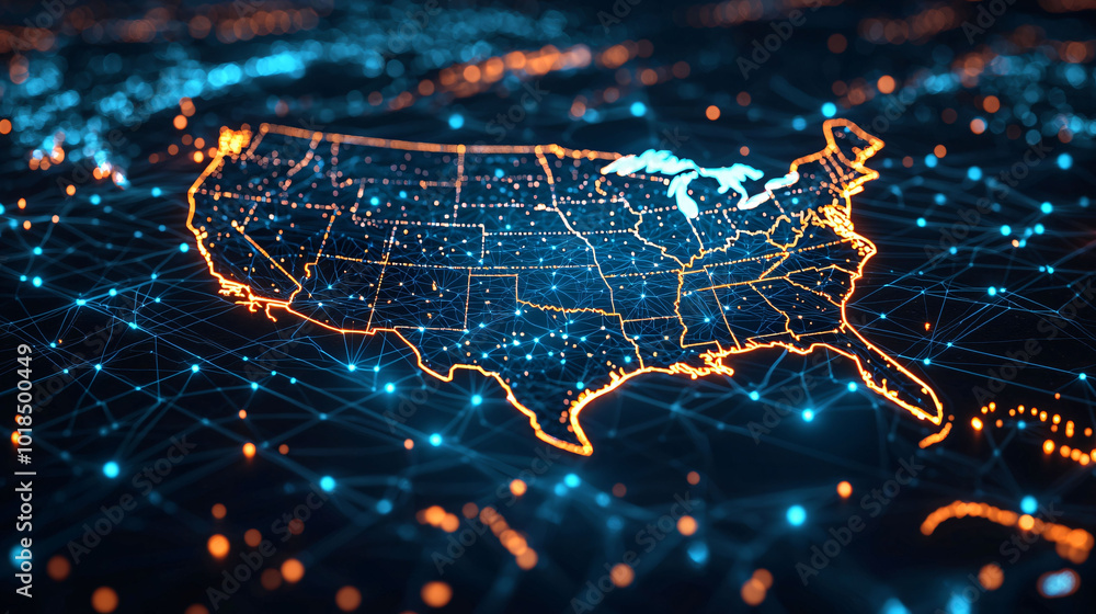 Poster digital map of usa showcasing network of glowing connections and data points, representing technolog