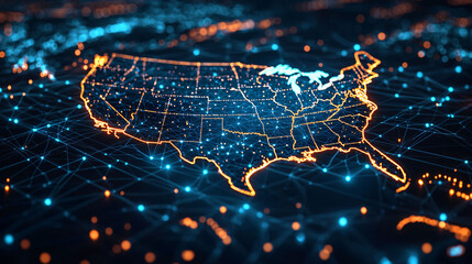 Fototapeta premium digital map of USA showcasing network of glowing connections and data points, representing technology and connectivity across North America. vibrant colors create modern and dynamic visual