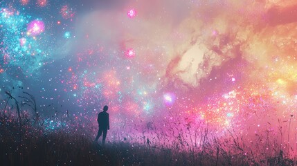 Fototapeta premium A person standing in a colorful cosmic landscape filled with stars, nebulae, and vibrant colors, evoking a sense of wonder.