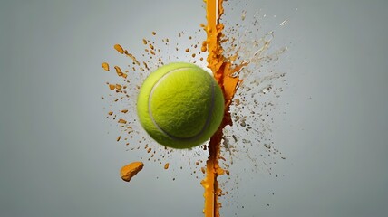 Dynamic tennis ball impact with colorful splash effect on minimal backdrop