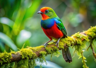 Obraz premium Beneath the brilliant sunlight, a captivating Ginnie bird stands poised on a branch, immersed in the vivid greenery of a flourishing forest on a clear day.