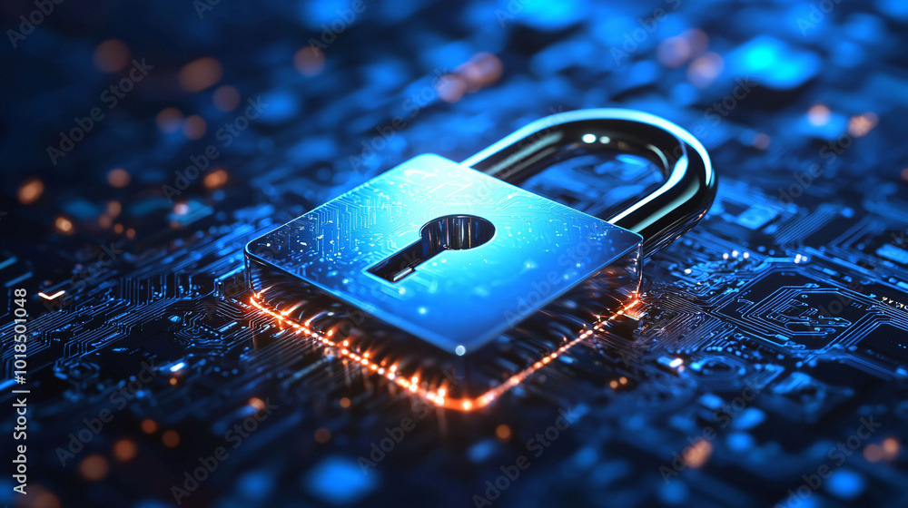 Poster digital padlock symbolizes security and protection in computing system, set against dark blue backgr