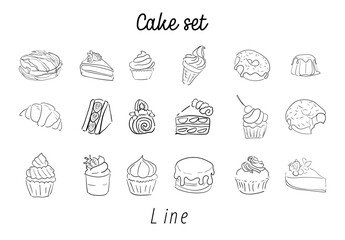 Vector set of line dessert icons. Editable Stroke. Includes popular sweet dishes pie, cake, cookies and ice cream. pancakes, milkshake, pudding and yogurt, biscuit, honey, jam, pudding.