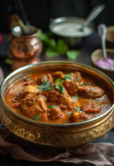 A golden bowl of chicken curry sits on the table, with an Indian style background and traditional cooking tools in the picture. The sauce is red-brown and rich in color, full of flavor. The style is r