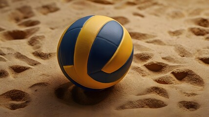 Close up of volleyball on sandy beach with textured surface