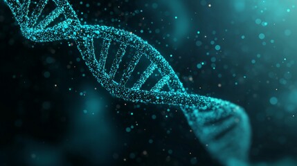 A detailed visualization of a DNA strand made of glowing particles, representing scientific research and biotechnology.