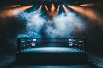 Low key lighting sets the mood above the boxing ring where beams of light pierce through smoke amplifying the anticipation of the upcoming match.