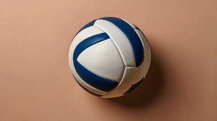 Close up of volleyball with blue and white stripes on beige background