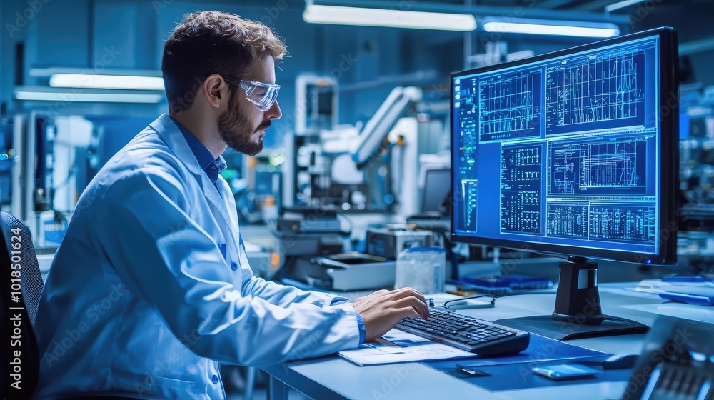 Poster a scientist works intently at a computer, analyzing complex data in a modern laboratory with advance