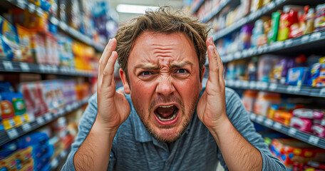 A man, visibly distressed, is vocally expressing his anger at the supermarket, clutching his head in frustration over an excessive charge on a product.