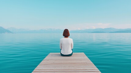 A serene meditation session by the lake, a woman in a yellow striped shirt sits cross-legged, focusing on mindfulness in nature.