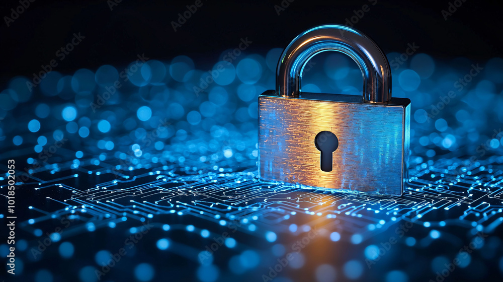 Poster digital padlock symbolizes security in computing system, set against dark blue background with glowi