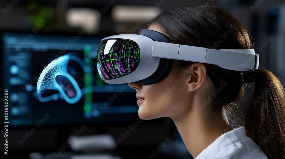 Poster exploring the virtual frontier: a female scientist uses vr technology to examine a 3d model, showcas