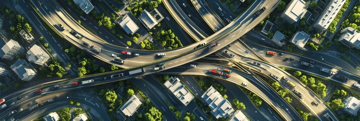 Naklejka premium Aerial view of a complex highway interchange surrounded by greenery and urban structures, showcasing busy traffic flow and modern infrastructure.