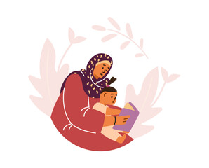 Islamic woman in hijab, close-up, reading a book while holding a baby.