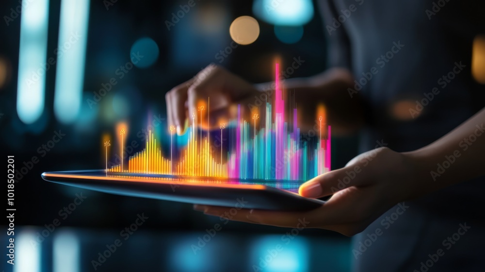 Poster a person interacts with a tablet displaying vibrant, colorful sound waves, reflecting audio frequenc