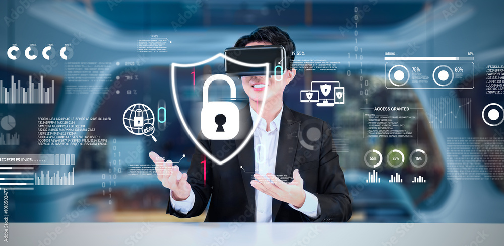 Poster smart business man with goggles working while using security protection. manager with formal suit ch