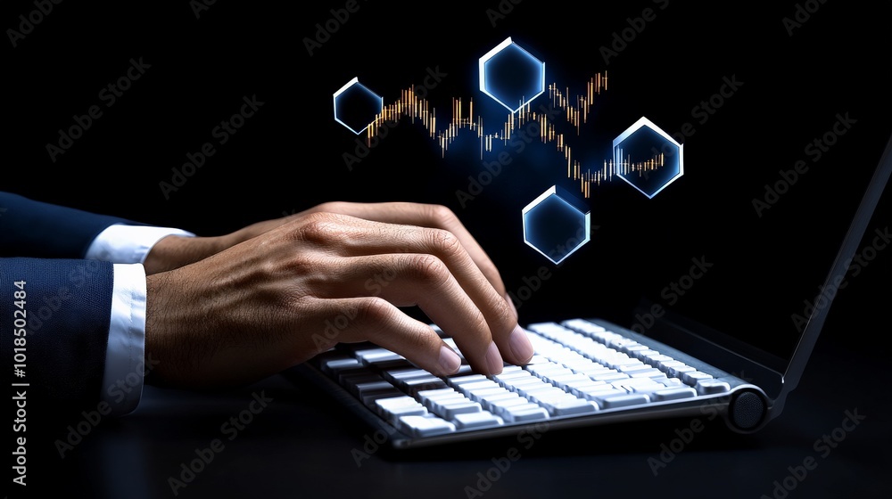 Poster digital trading mastery: a businessman's hands expertly navigate a laptop keyboard, with holographic
