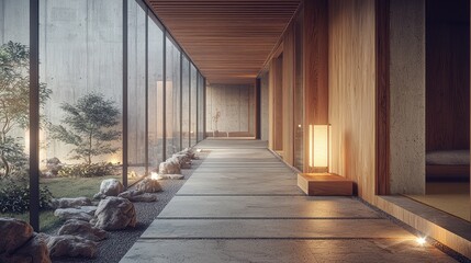 A serene corridor showcasing minimalistic design with natural light and tranquil landscaping, inviting relaxation and mindfulness.