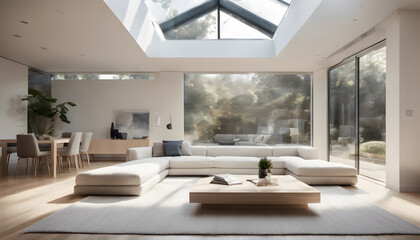 Fototapeta premium Modern minimalist living room with plush sofa, sleek coffee table, and large windows overlooking city skyline