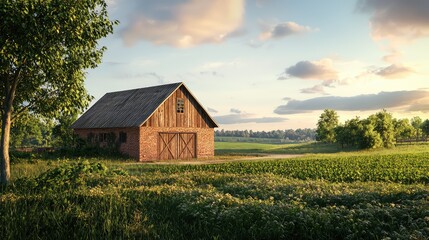 Fototapeta premium A serene countryside scene featuring a rustic barn nestled among lush fields under a beautiful sky.