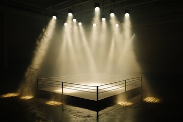 boxing ring stands in a cloud of haze as soft lighting highlights the ropes and creates dramatic shadows. The atmosphere is charged with anticipation and excitement.