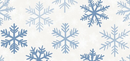 Fototapeta premium Minimalist snowflakes in muted blue and white, repeating symmetrically on a light grey background for a subtle winter look