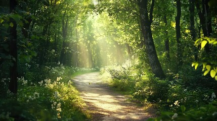 Obraz premium A serene forest path illuminated by sunlight, showcasing lush greenery and flowers, perfect for nature lovers and tranquility seekers.