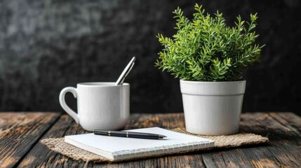 Serene morning desk setup with coffee, plants, and notebook by the window, bathed in warm sunlight.