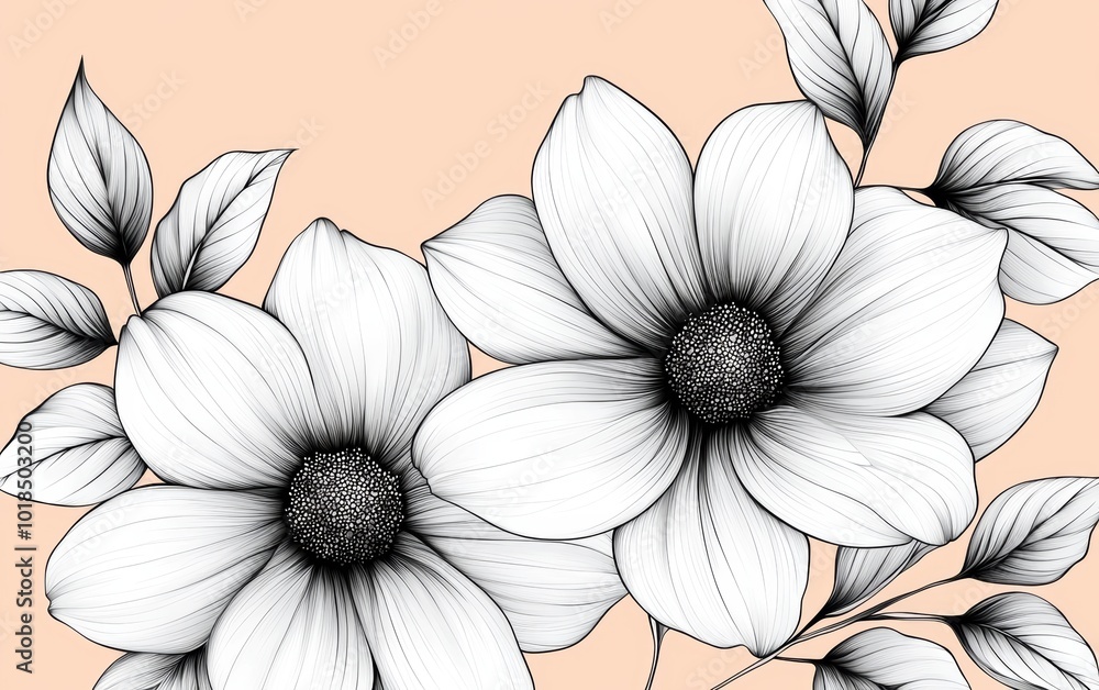 Poster monochrome daisies with detailed line work repeat across a soft blush background, emphasizing minima