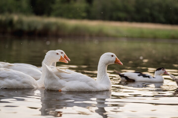 Geese Swimming on a Lake During Golden Hour