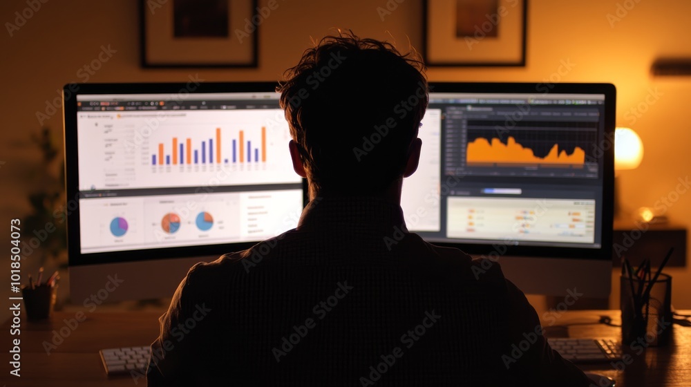 Poster a person analyzes data on dual monitors, surrounded by a cozy indoor ambiance, focusing on visual gr