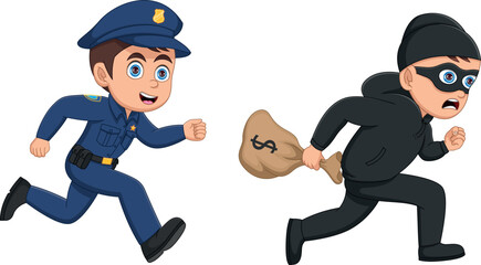 Cartoon police chasing a thief with money