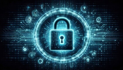 Cybersecurity concept with a glowing digital padlock overlaid on a background of binary code