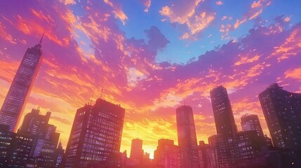 Obraz premium A colorful anime-style cityscape at sunset, with tall buildings and vibrant skies, creating a serene atmosphere.