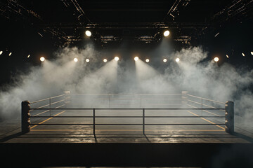 boxing ring stands illuminated in soft light surrounded by a haze. The glowing spotlights cut through the smoke creating an intense ambiance for an upcoming fight.