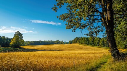 Obraz premium A serene landscape featuring a golden field under a clear blue sky, with lush trees in the background creating a peaceful atmosphere.