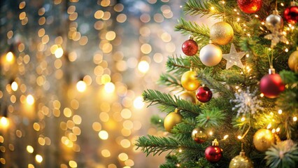 Blurred Christmas background with shiny lights and decorated fir tree, festive, holiday, celebration, winter