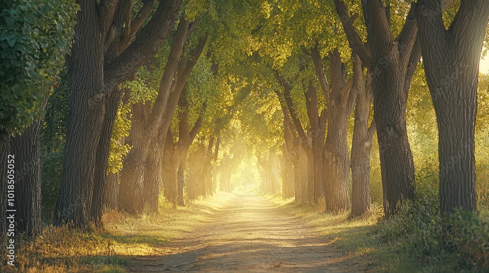 Poster a serene pathway lined with tall trees, illuminated by soft sunlight, creating a peaceful and inviti
