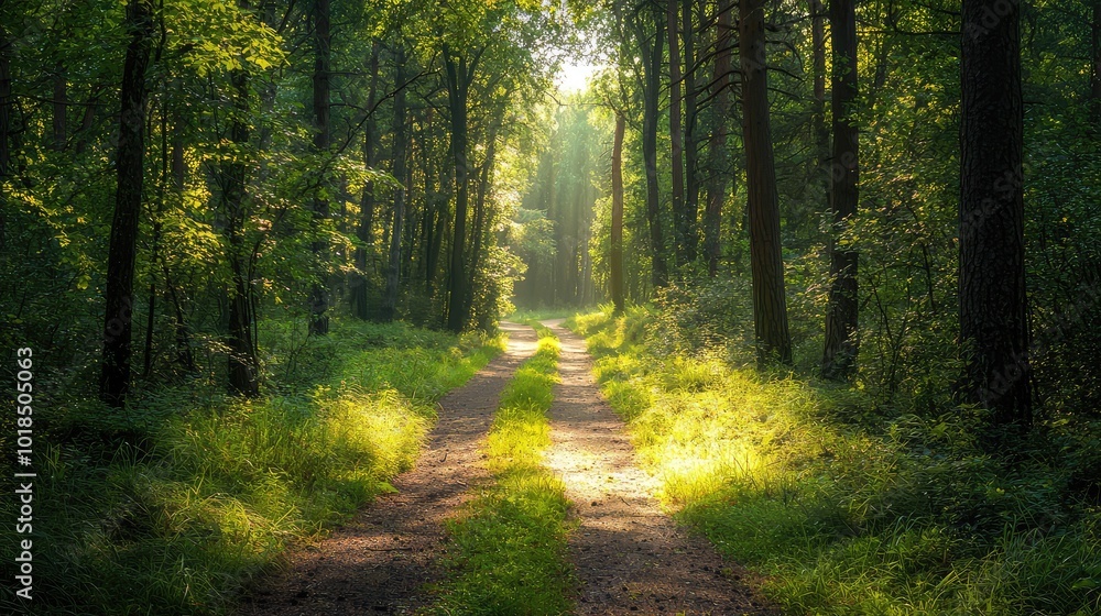 Aufkleber a serene path through a lush forest illuminated by soft sunlight, inviting tranquility and explorati