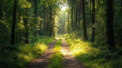 Fototapeta premium A serene path through a lush forest illuminated by soft sunlight, inviting tranquility and exploration in nature's beauty.