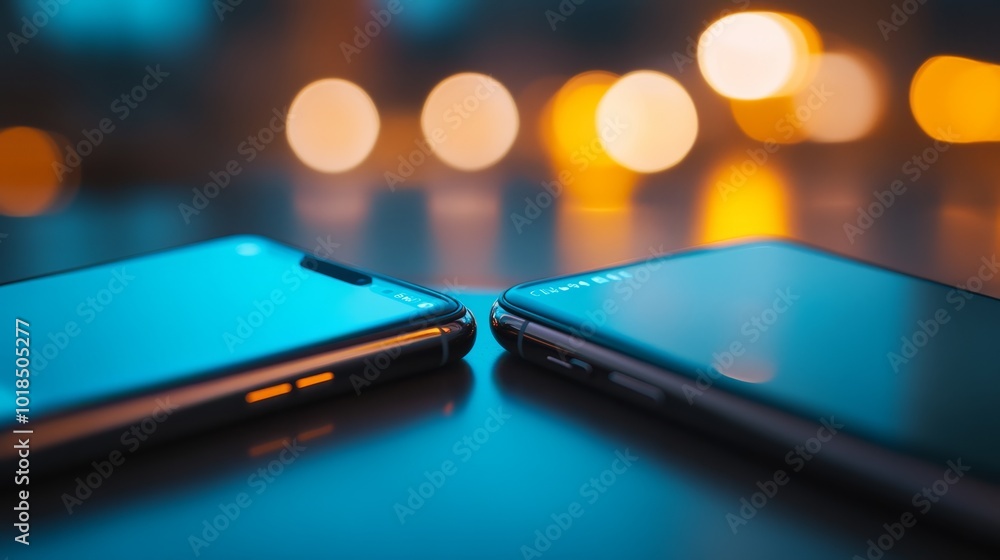 Poster two smartphones positioned closely, illuminated by soft bokeh lights, creating a modern and tech-ins