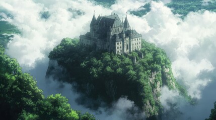 Naklejka premium A fantasy anime castle on a hilltop, surrounded by thick forests and clouds, giving a sense of grandeur and mystery.