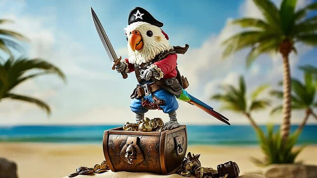 A parrot dressed as a pirate stands on a treasure chest on a beach with palm trees in the background.