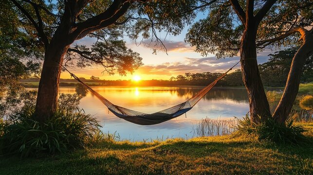 A serene sunset view over a calm lake, featuring a cozy hammock suspended between trees. Perfect for relaxation and nature lovers.