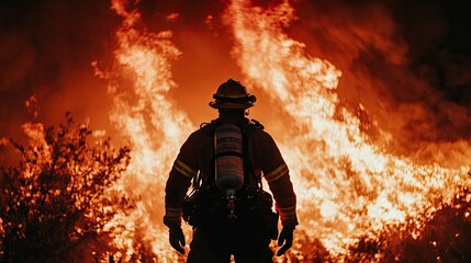 Naklejka premium A firefighter faces a wall of flames in the background, fully equipped and prepared for the dangers of the emergency situation.