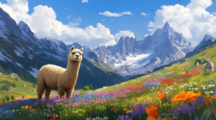 Fototapeta premium A fluffy alpaca grazing peacefully in a colorful field of wildflowers, with mountains in the background and space for text or branding.
