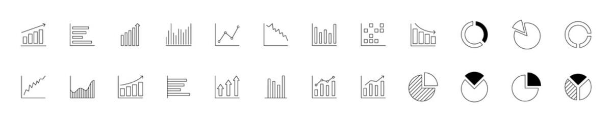Obraz premium Bar graph line icons set. Graph, Line, Bar, Chart, Diagram, Report, Statistics. Business graphs and charts icons. Business infographics. Statistic data, charts, vector.